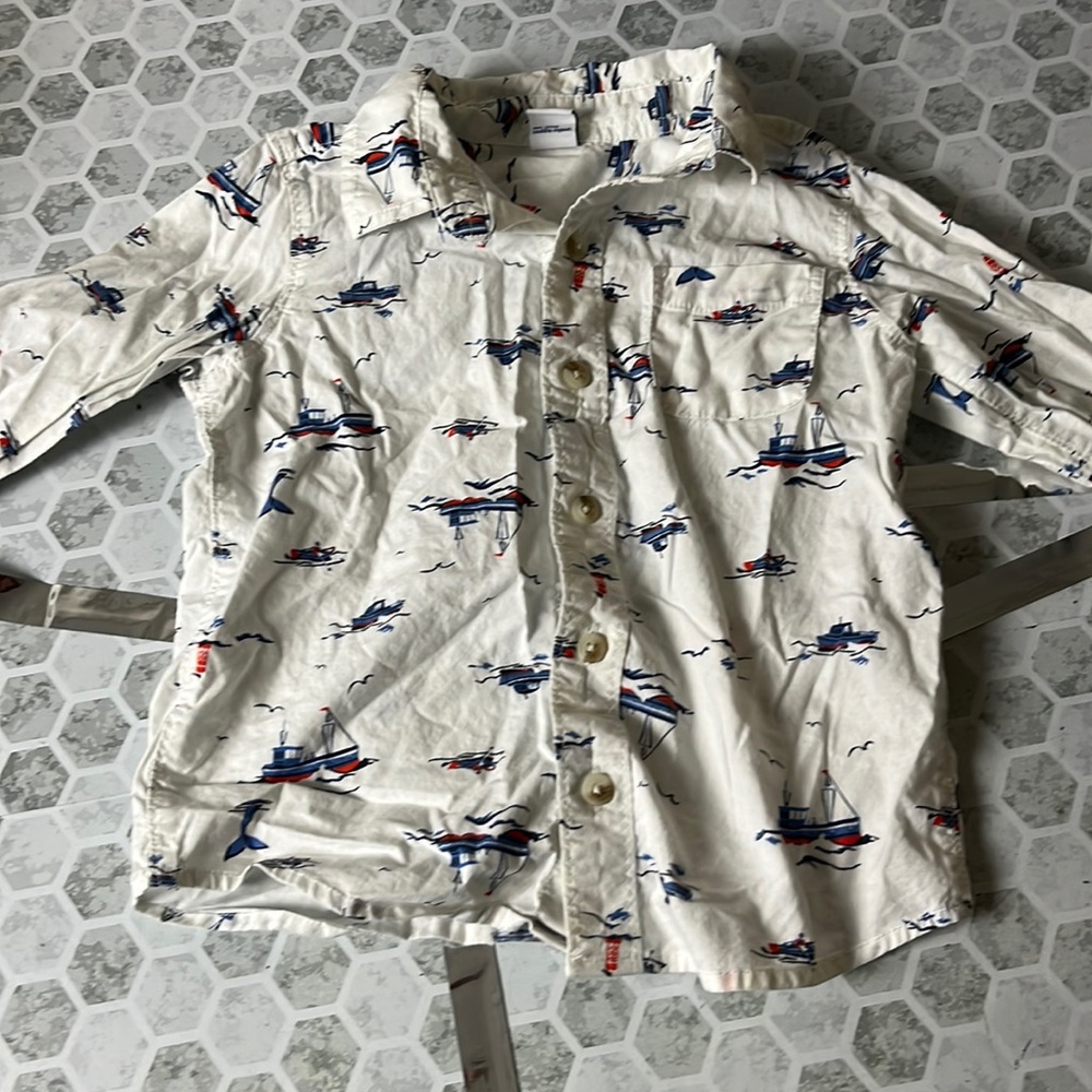Old Navy 3T White Boat Patterned Long Sleeve Button Up